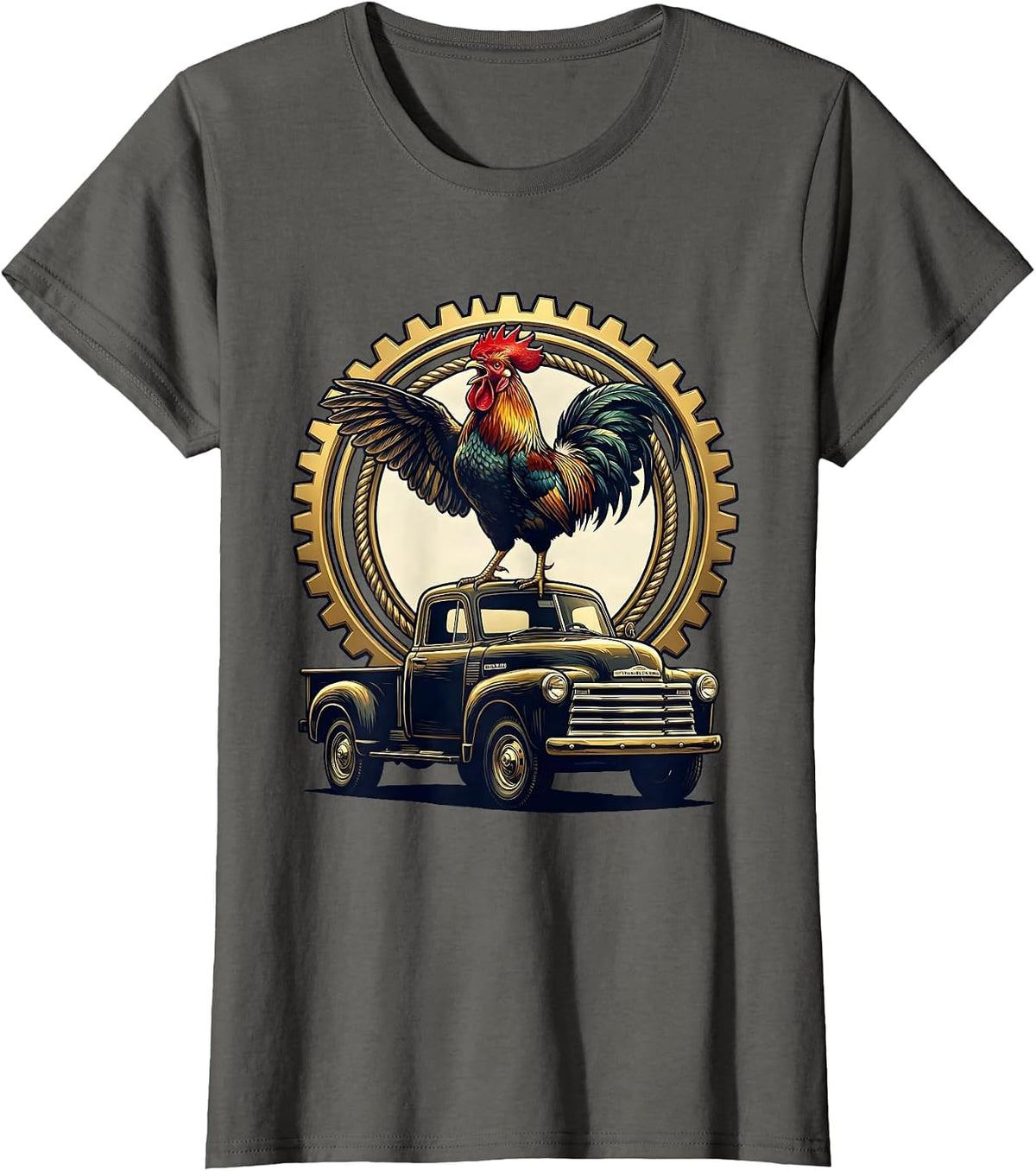 Women's Rooster Crowing Atop Old Pickup Truck T-Shirt - Asphalt Grey