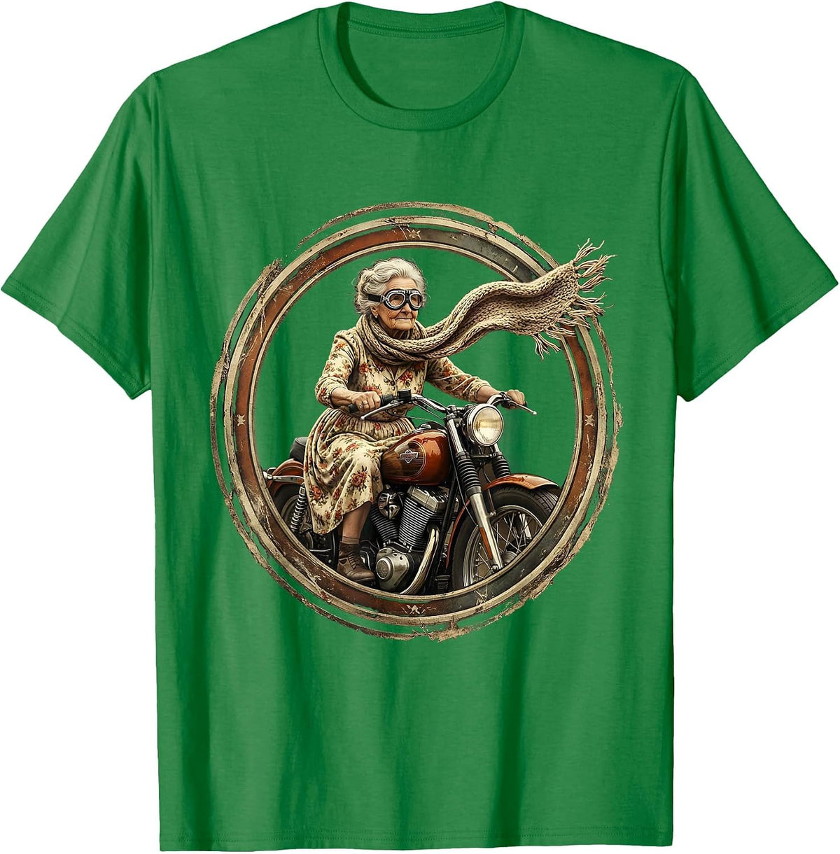 Men's Grandma Biker Scarf Flying Motorcycle Graphic T-Shirt - Kelly Green