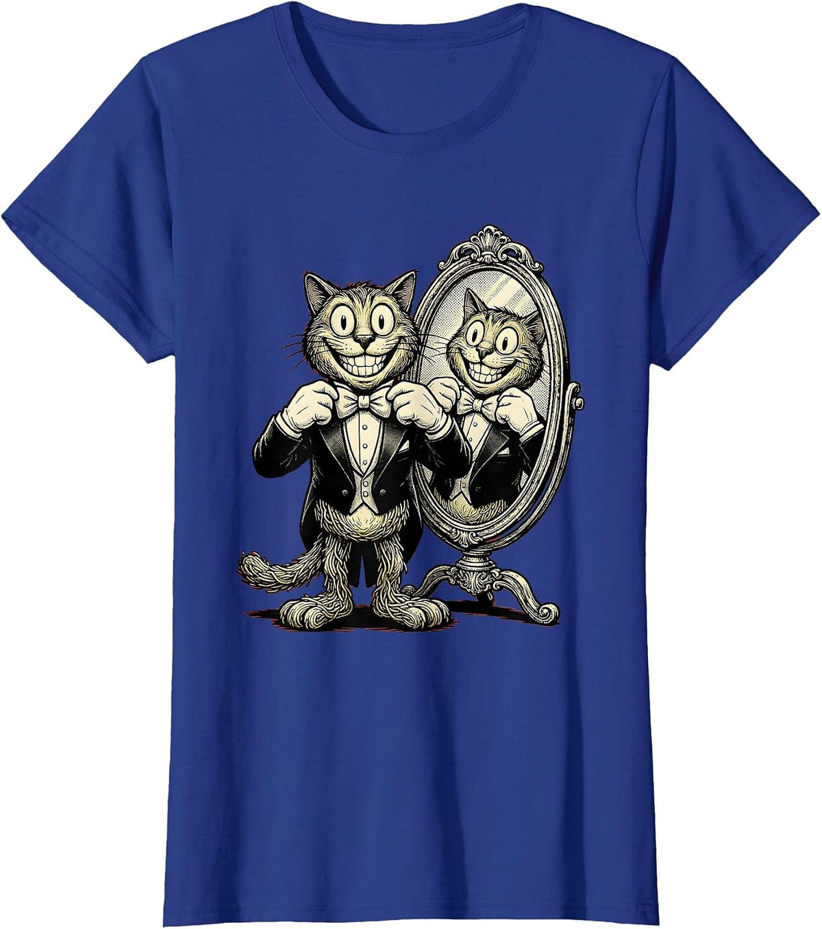 Women's Dapper Cat Adjusting Bow Tie in Mirror T-Shirt - Royal Blue