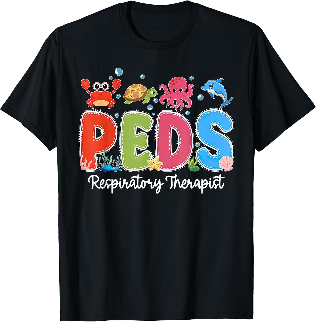 PEDS Respiratory Therapist Ocean Animal Pediatric RT Grad T-Shirt - Black