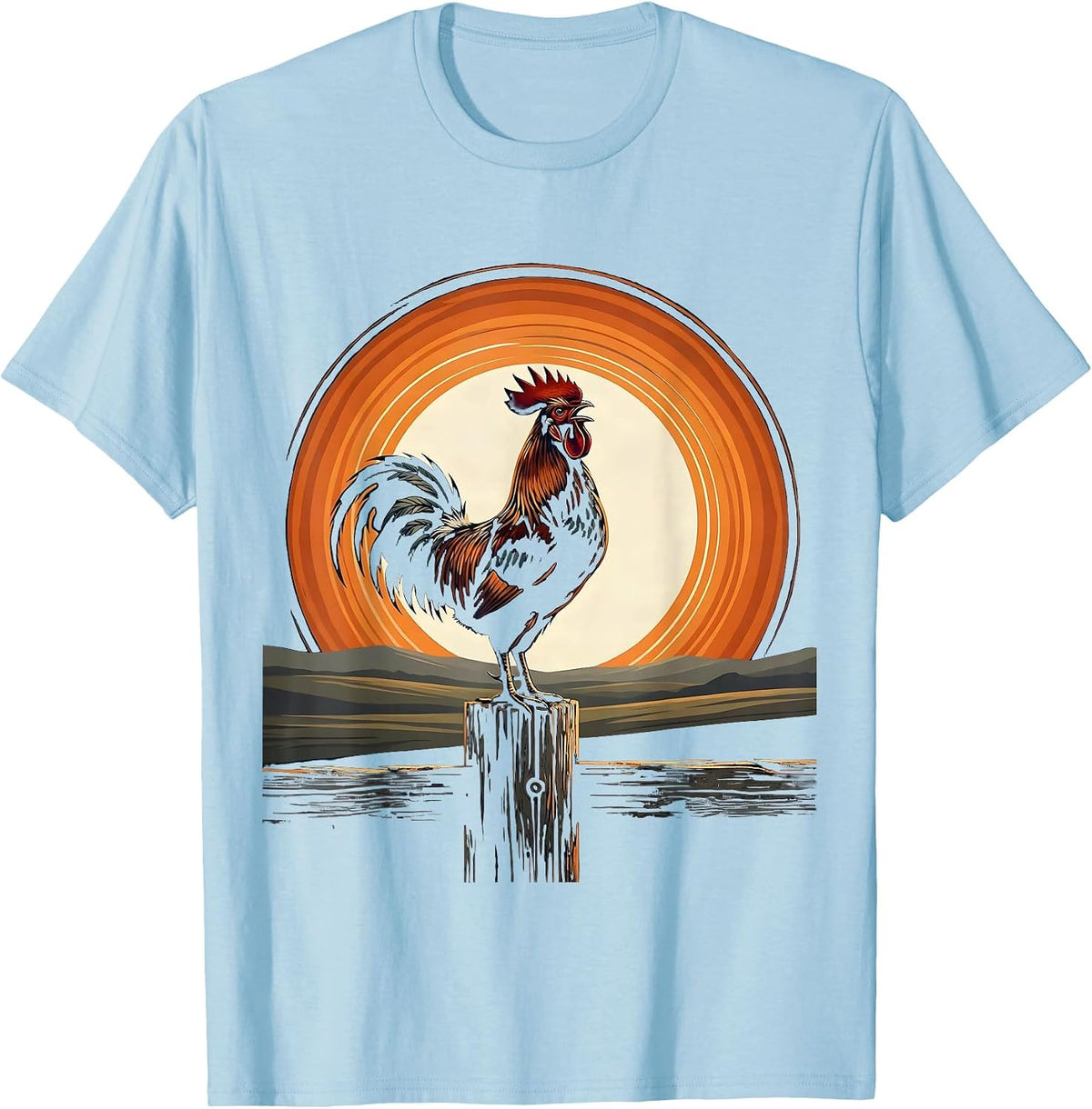 Men's Rooster Crowing on Fence Post Graphic T-Shirt - Baby Blue