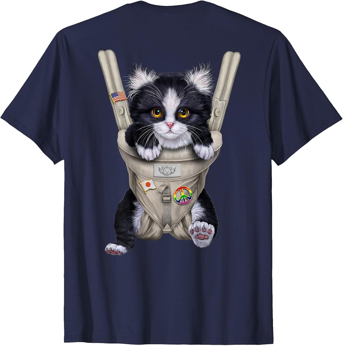 Tuxedo Cat in Baby Carrier T-Shirt - Navy Blue