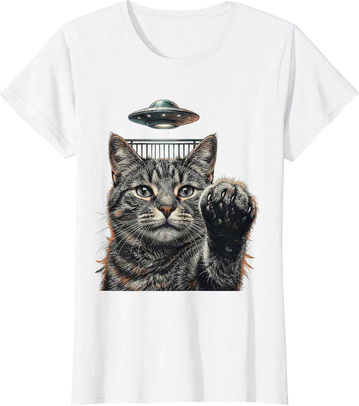 Women's Cat UFO Alien Selfie Funny Cat Owner Meme Gift T-Shirt - White