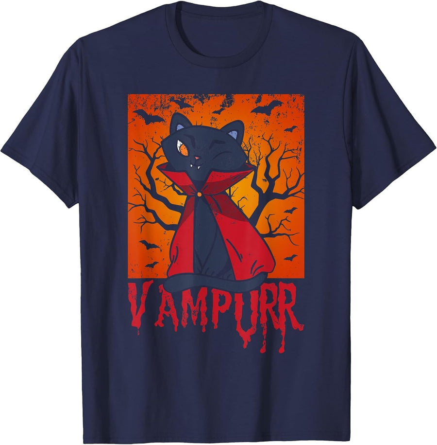 Vampurr Vampire Costume Cat Lover Kitten Halloween T-Shirt - Navy Blue