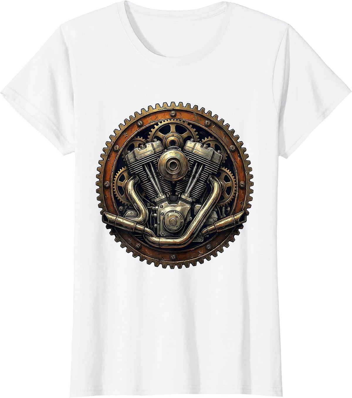 Women's Vintage Old Motorcycle Engine Gear Illustration T-Shirt - White