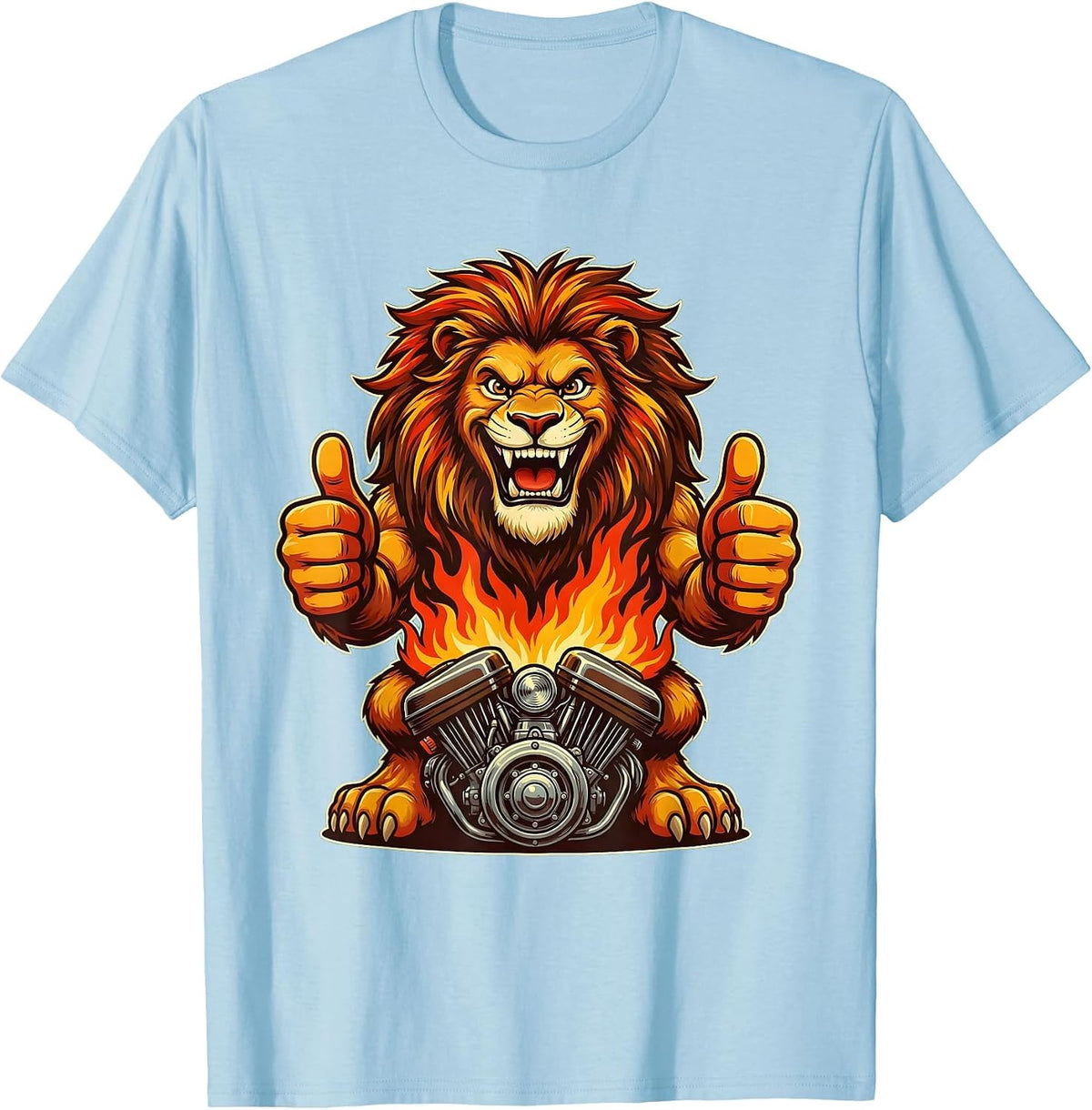 Men's Lion Head Motorcycle Engine Flames Graphic T-Shirt - Baby Blue