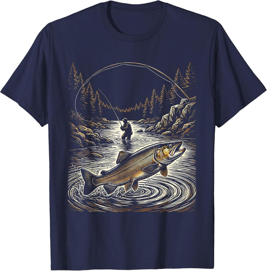 Fly Fisherman Casting at Dusk Trout Fishing T-Shirt - Navy Blue
