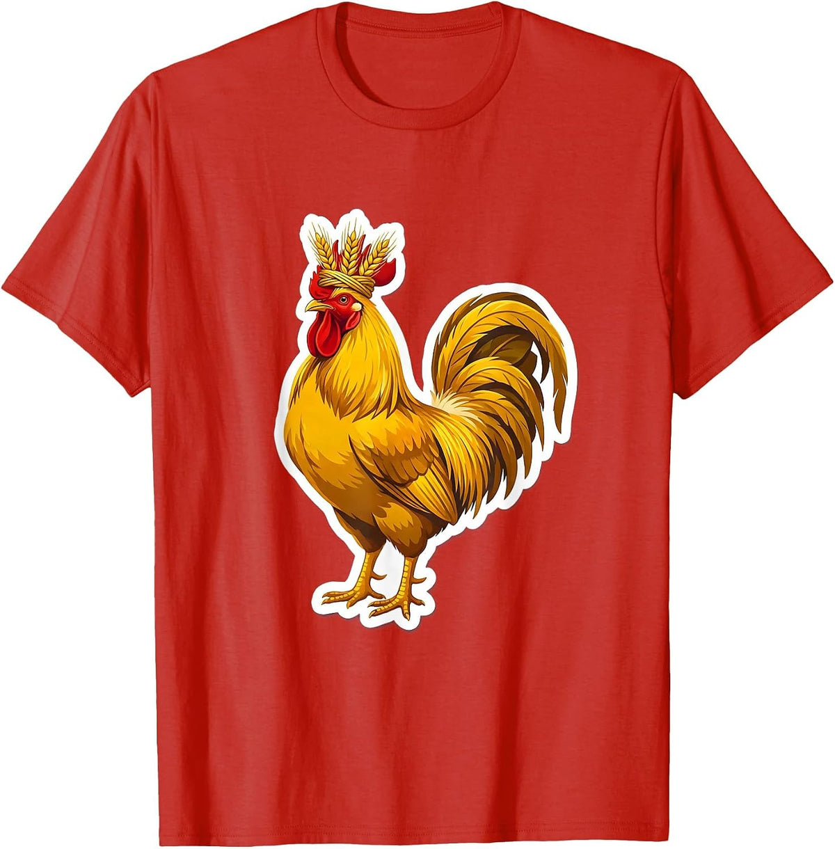 Regal Rooster Wheat Crown Illustration T-Shirt - Red
