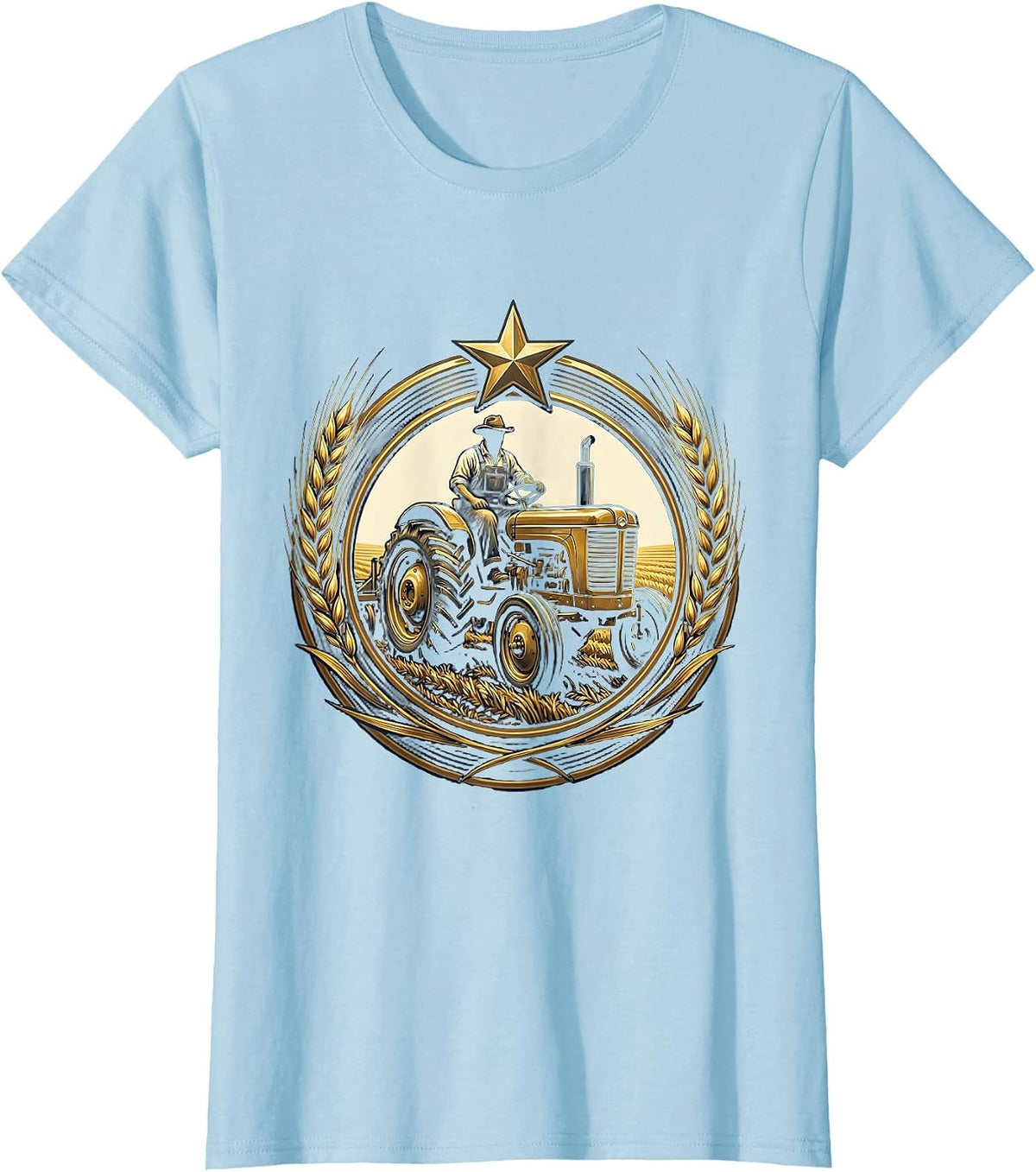 Country Man Driving Old Tractor Farmer Illustration T-Shirt - Baby Blue
