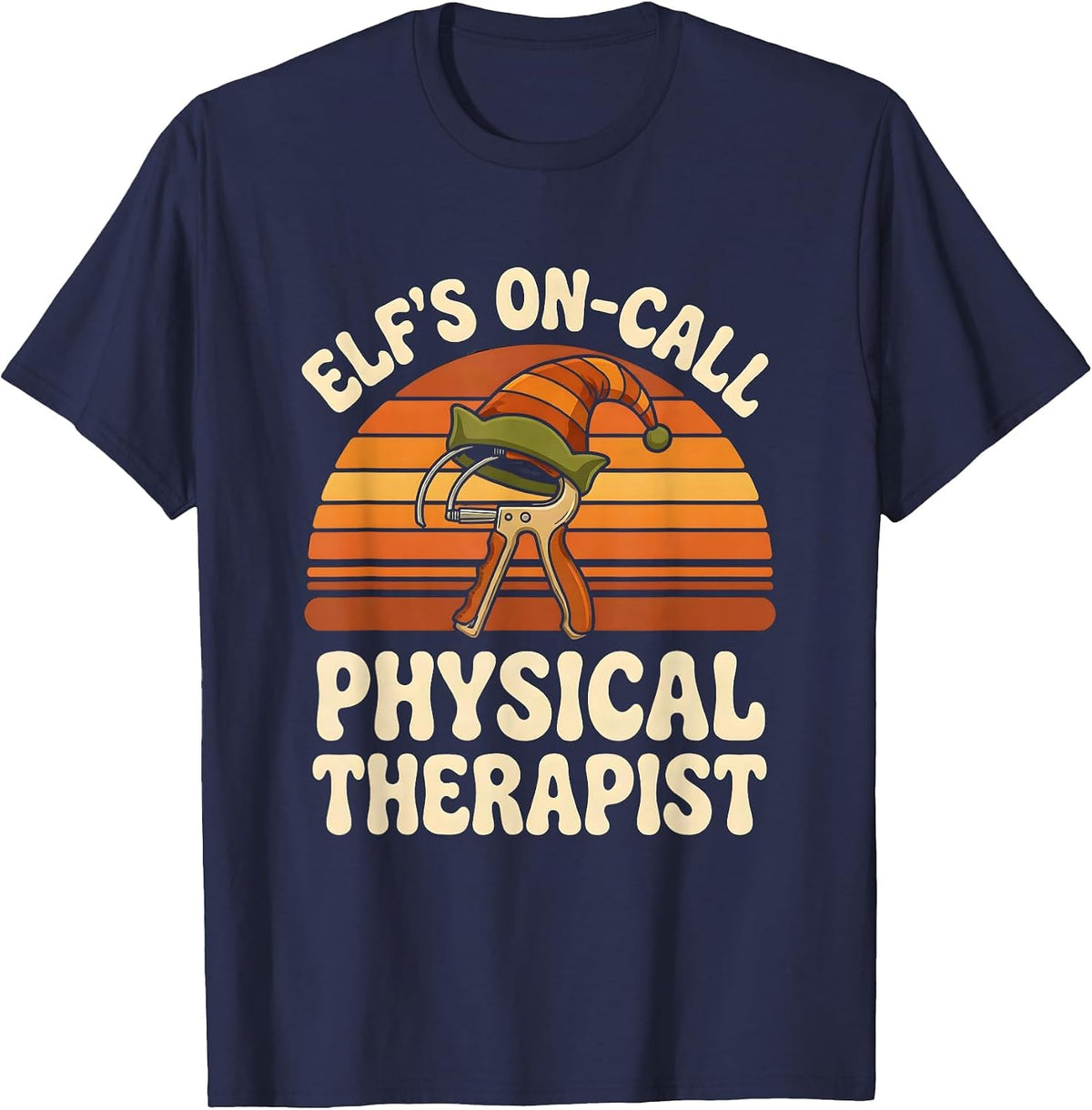 Elf's On-Call Physical Therapist Retro Funny PT Christmas T-Shirt - Navy Blue