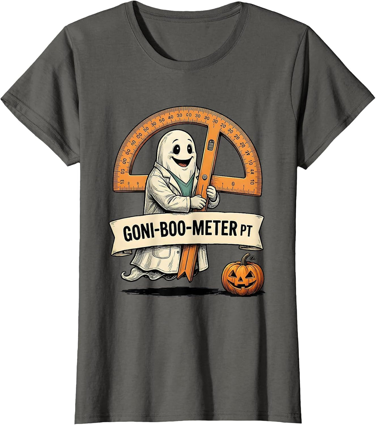 Women's Goni-BOO-meter PT Funny Physical Therapy Halloween Ghost T-Shirt - Asphalt Grey