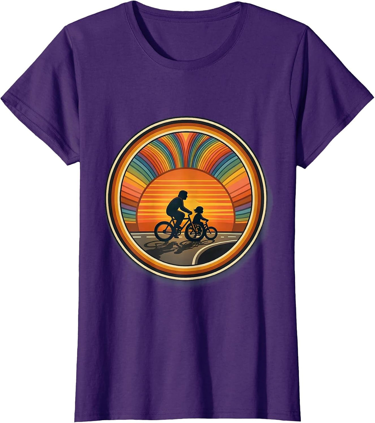 Women's Dad and Son Bicycle Ride Sunset Matching Design T-Shirt - Purple