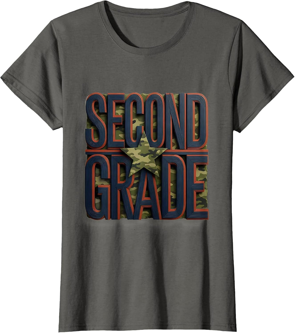 Women's Second Grade Wood Type Letterpress Patriotic Camo Back T-Shirt - Asphalt Grey