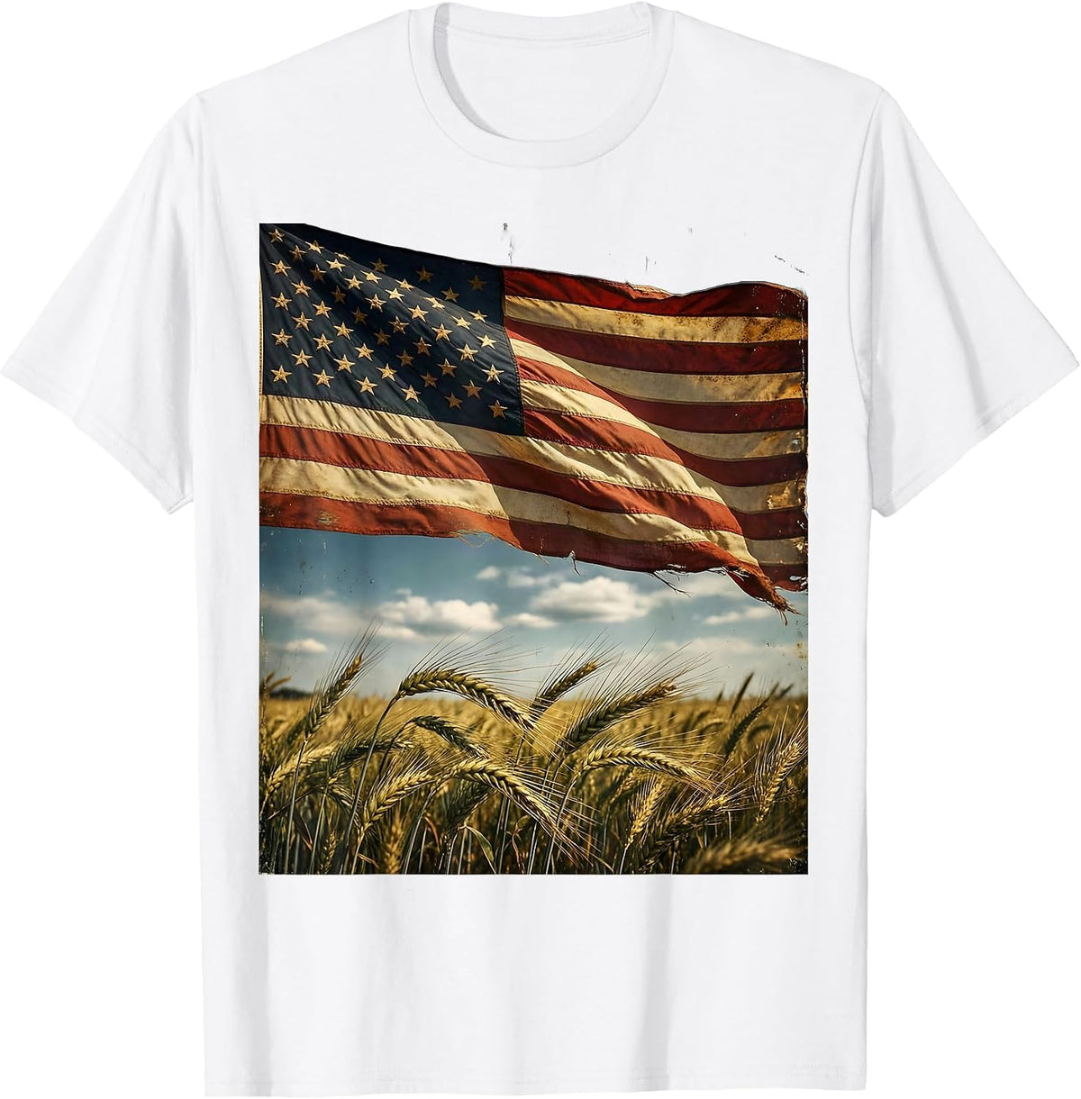 American Flag Waving Over Golden Wheat Field T-Shirt - White