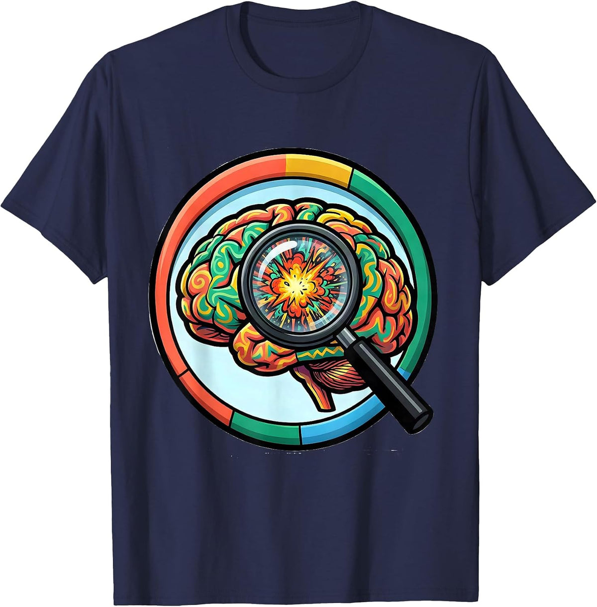 Men's Special Education Colorful Brain Magnifying Glass T-Shirt - Navy Blue
