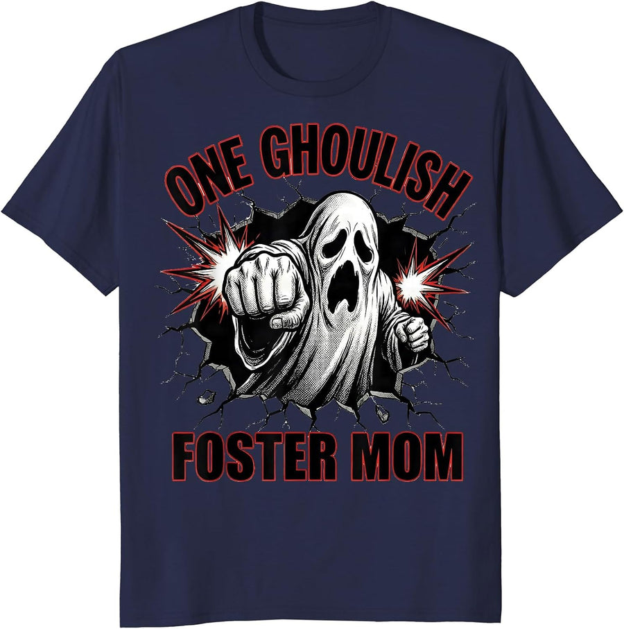One Ghoulish Foster Mom Comic Book Ghost Halloween Humor T-Shirt - Navy Blue
