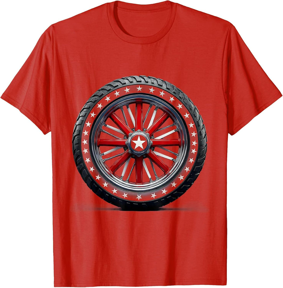 Men's American Flag Motorcycle Wheel Patriotic Design T-Shirt - Red