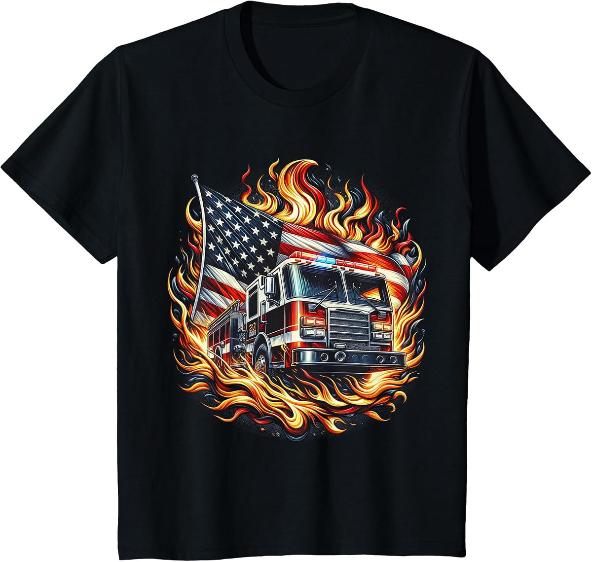 Firefighter Patriotic Fire Truck Fireman American Flag T-Shirt - Black