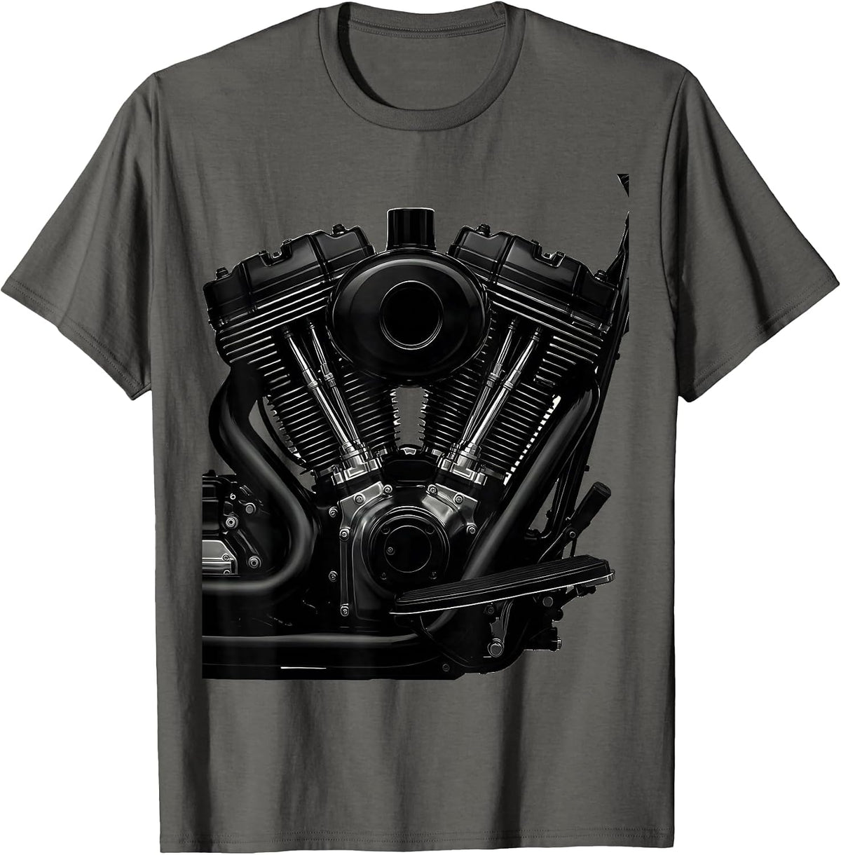 Roaring V-Twin Engine Close-Up Motorcycle Graphic T-Shirt - Asphalt Grey