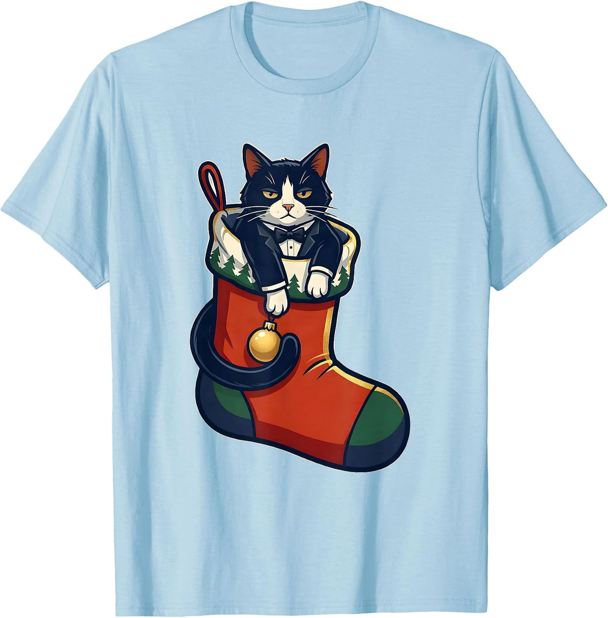 Men's Deadpan Tuxedo Cat Oversized Christmas Stocking Holiday T-Shirt - Baby Blue