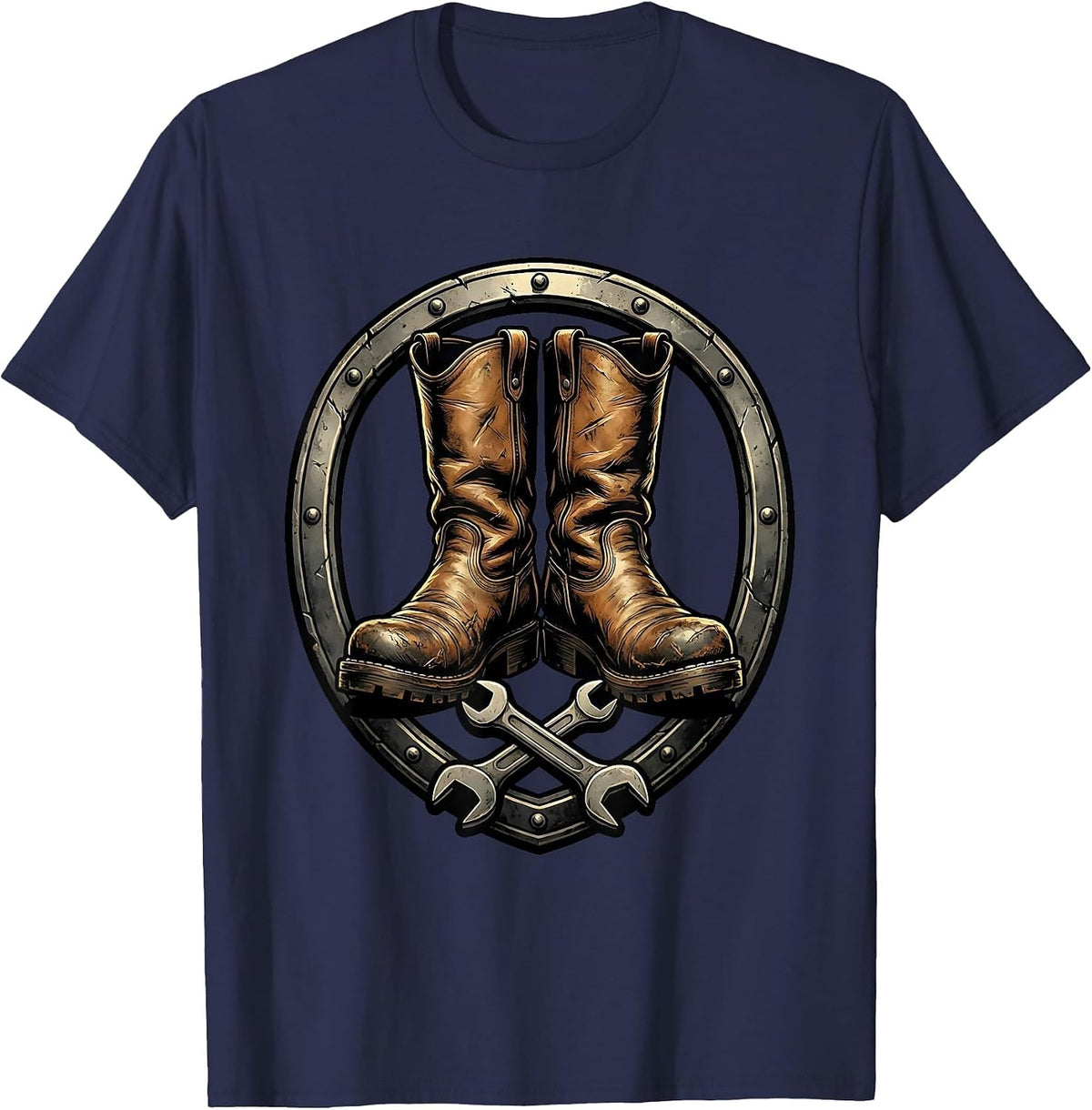 Worn Leather Riding Boots Motorcycle Graphic T-Shirt - Navy Blue