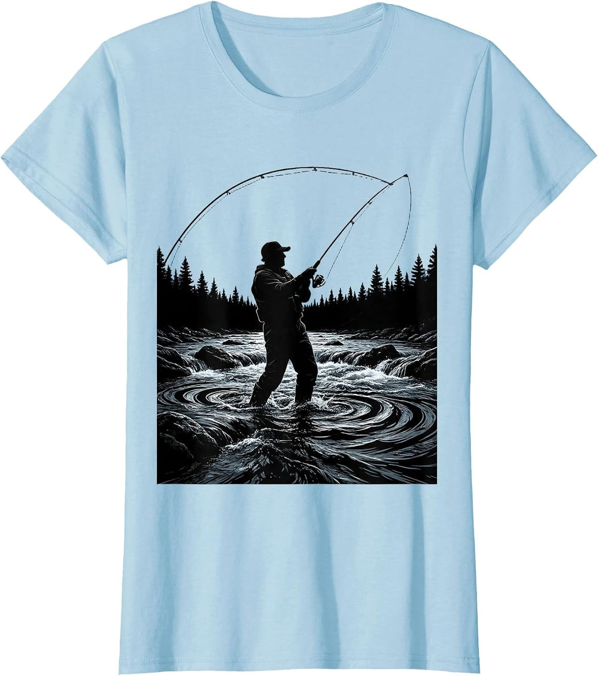 Fly Fishing Waders in River Graphic T-Shirt - Baby Blue