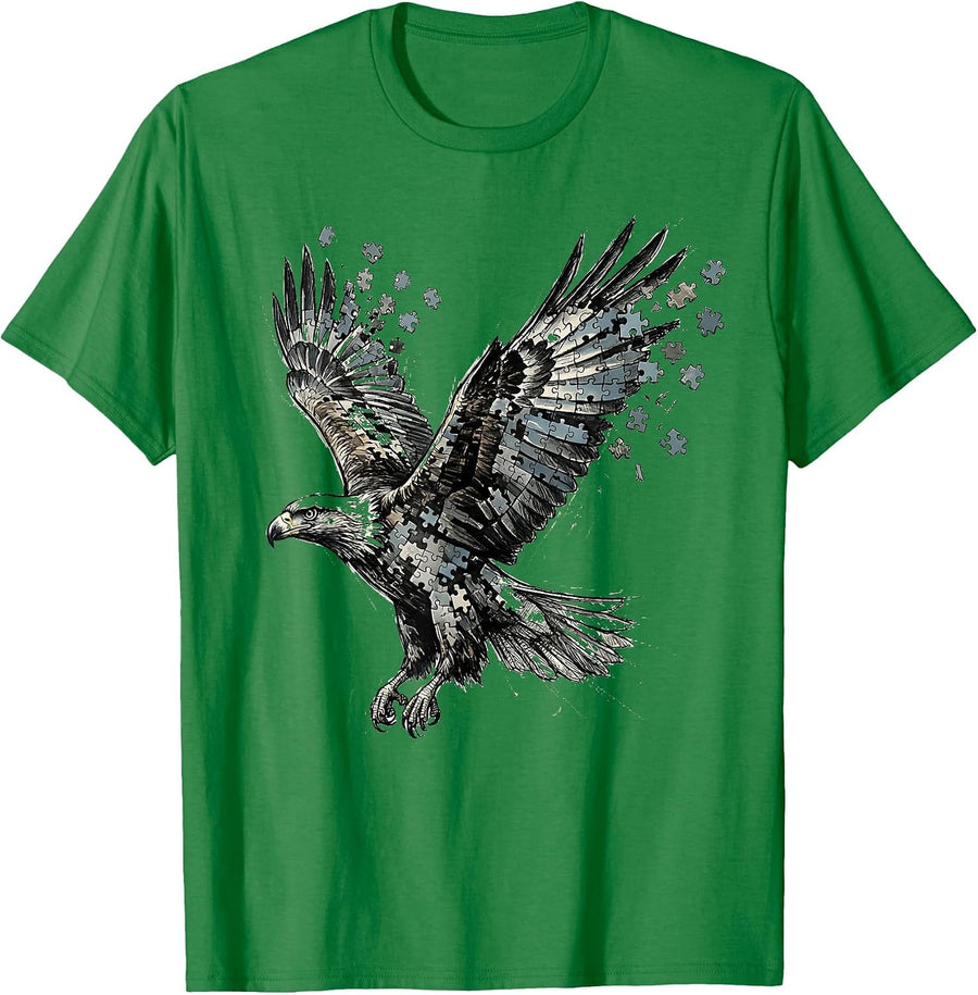 Men's Autism Awareness Puzzle Piece Soaring Bird Design T-Shirt - Kelly Green