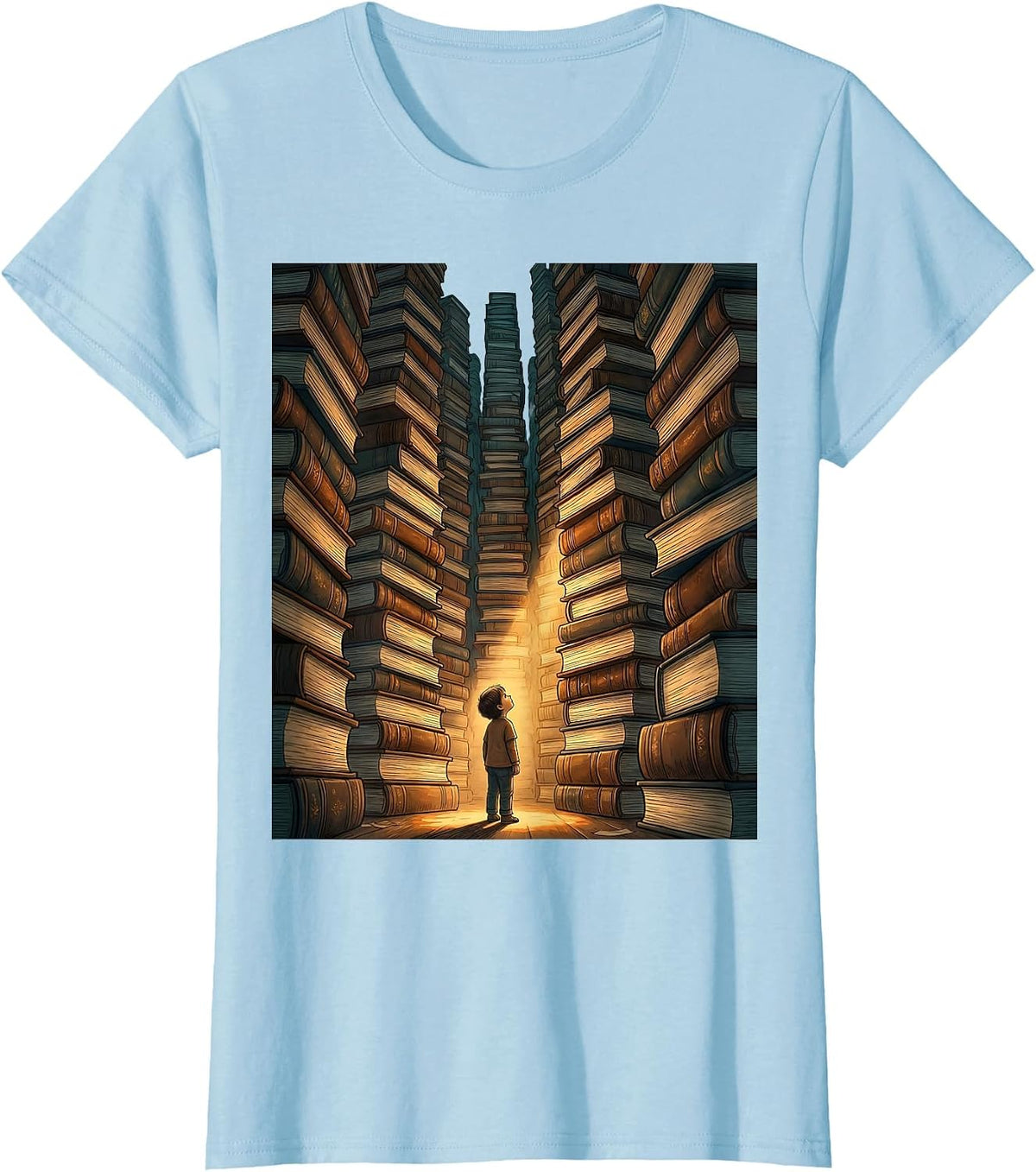 Autism Awareness Small Figure Exploring Giant Library T-Shirt - Baby Blue