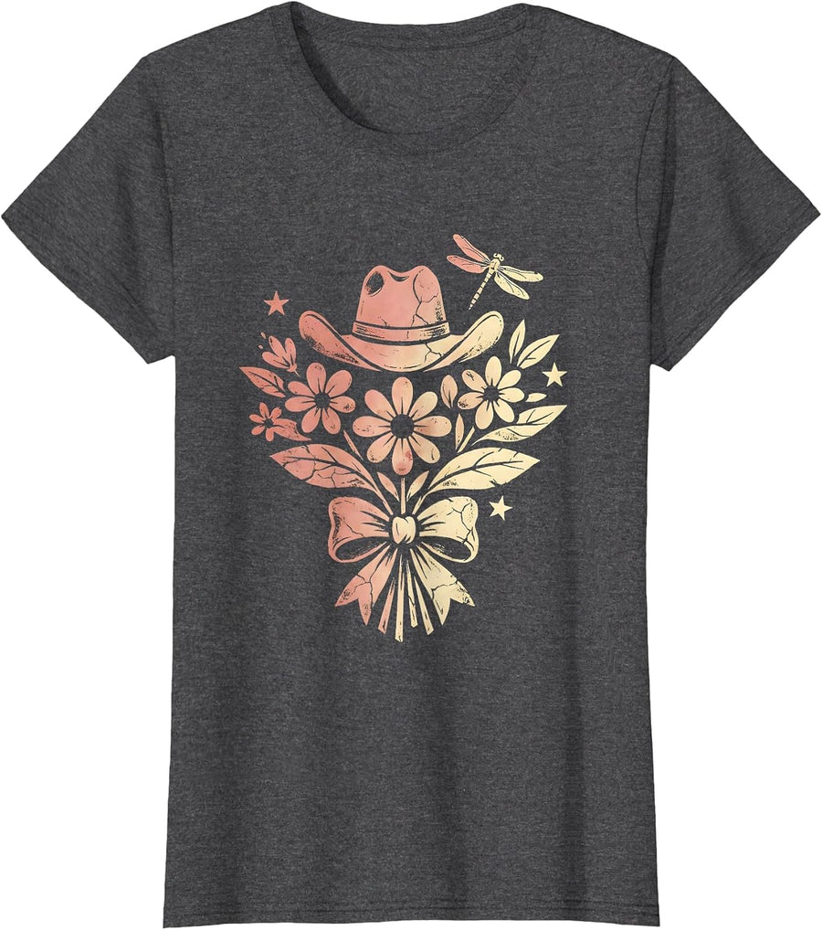 Women's Cowgirl Campfire Starry Night Illustration T-Shirt - Dark Heather Grey