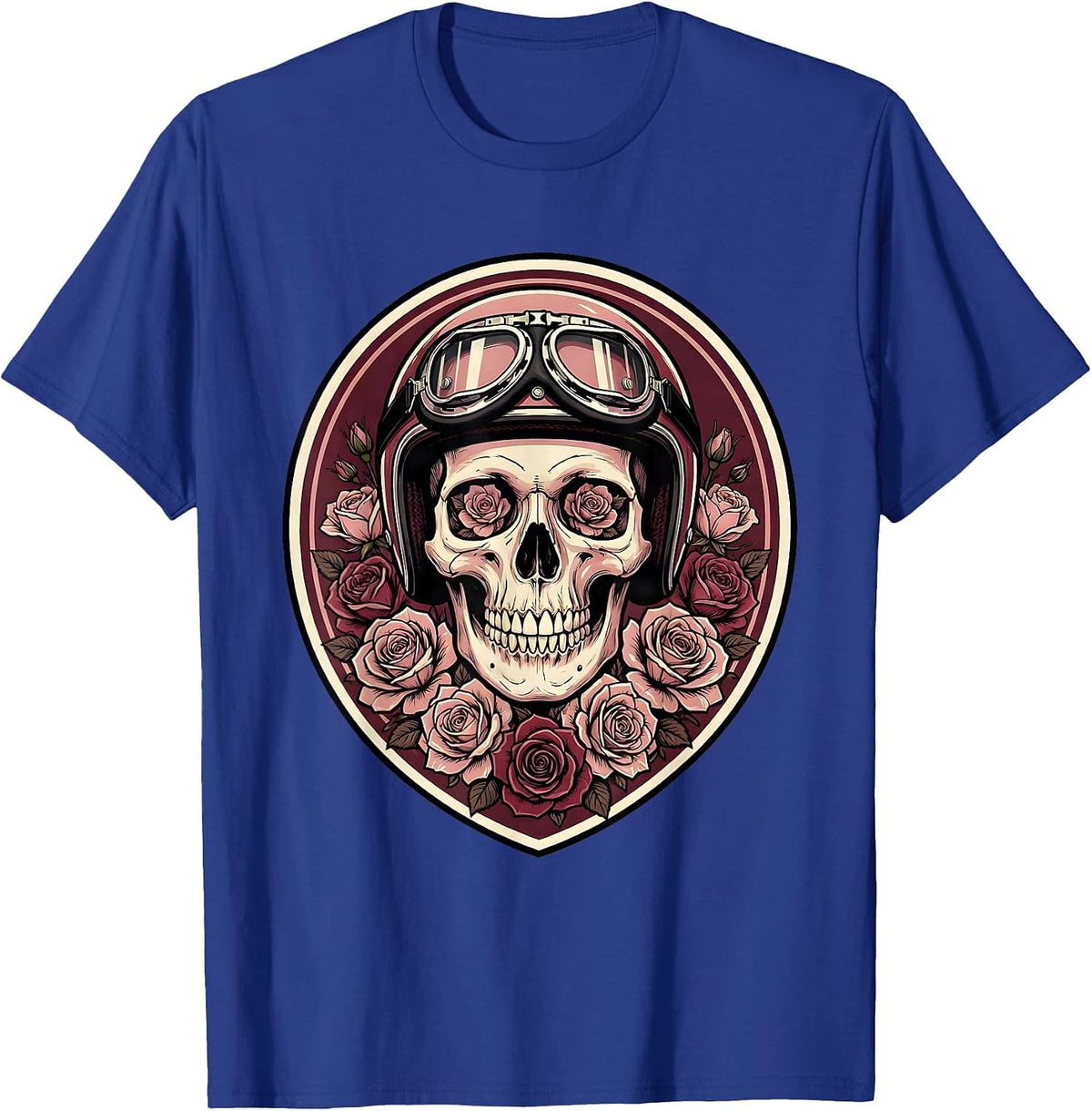 Feminine Skull Vintage Motorcycle Helmet Graphic T-Shirt - Royal Blue
