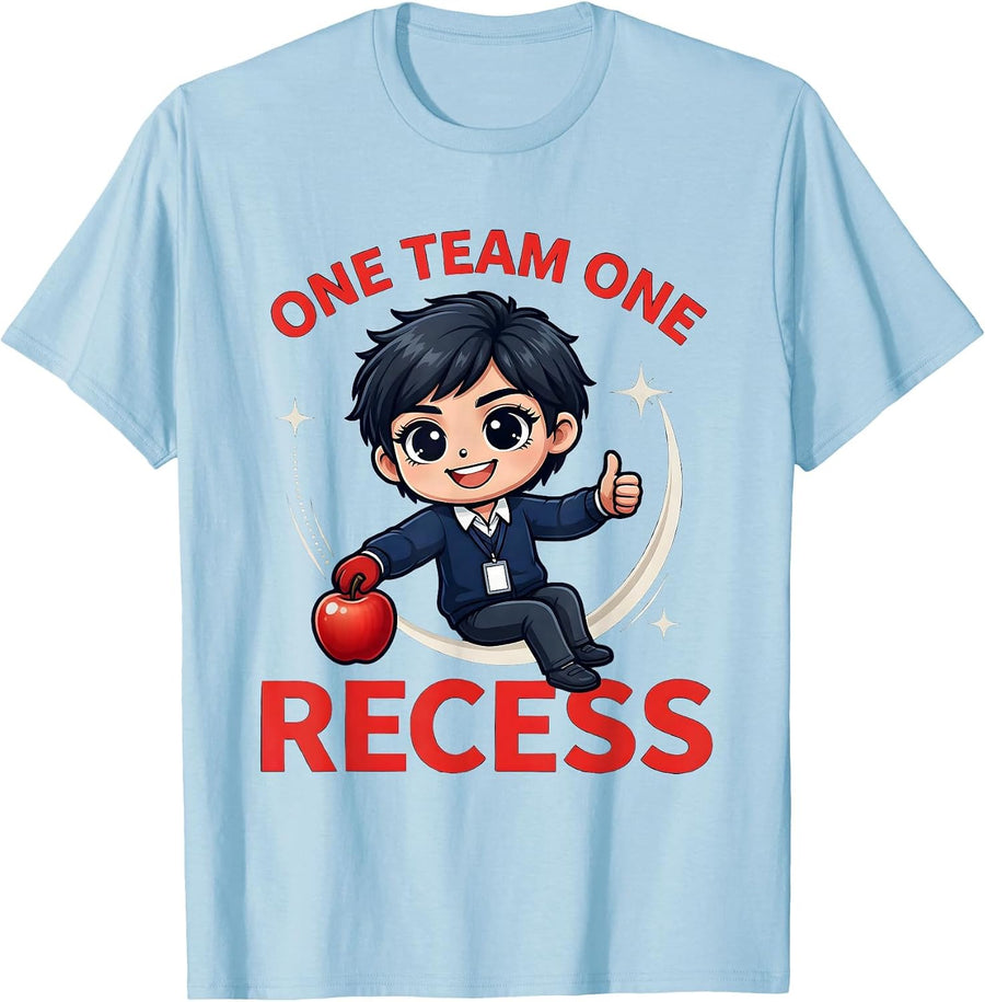 Men's ONE TEAM ONE RECESS Funny Teacher School Staff Gift T-Shirt - Baby Blue