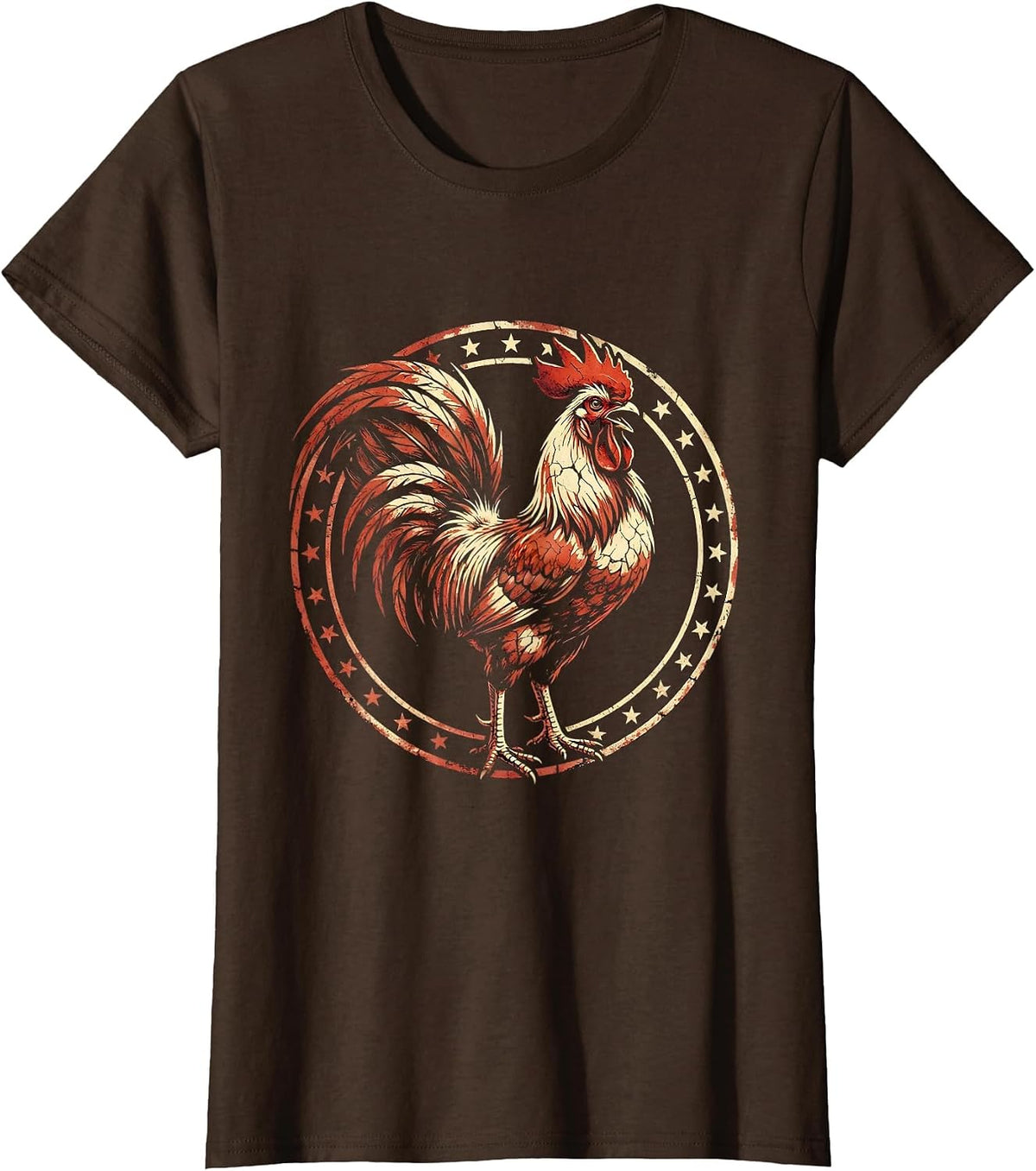 Women's Rooster Crowing at Farm Sunrise Illustration T-Shirt - Brown