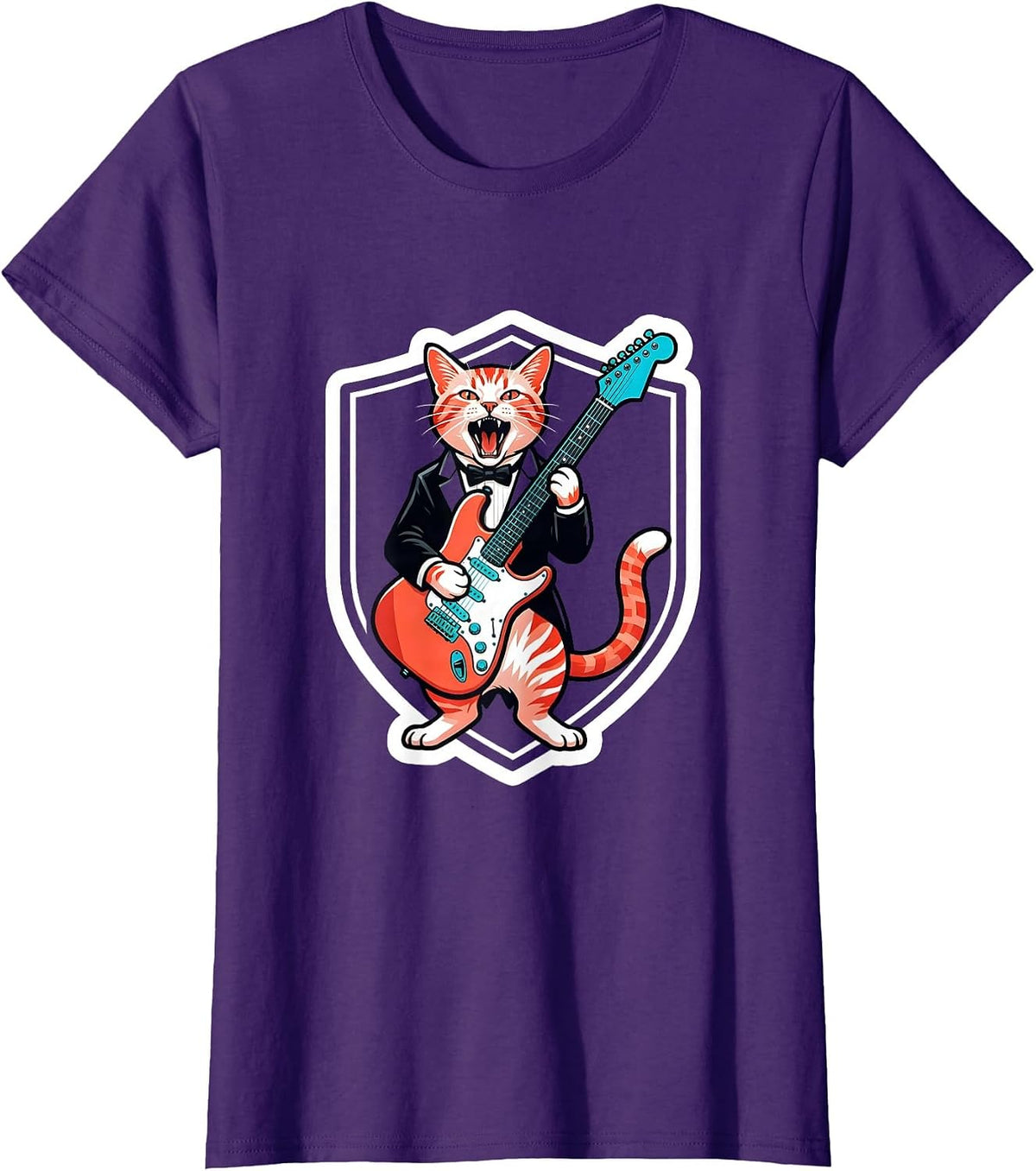 Women's Rock Guitarist Cat Sticker Style Funny Cat Lover Gift T-Shirt - Purple