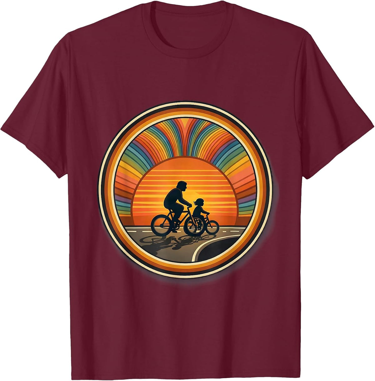 Men's Dad and Son Bicycle Ride Sunset Matching Design T-Shirt - Burgundy