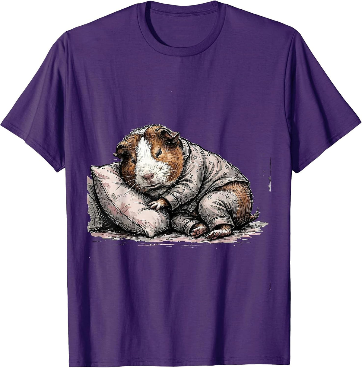 Sleepy Guinea Pig Hand-Sketched Pet Lover Pajama Portrait T-Shirt - Purple