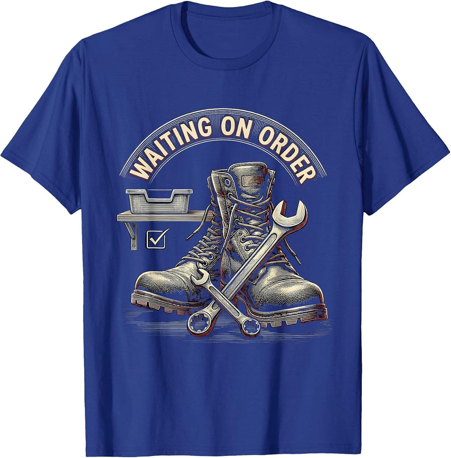 Waiting On Order Crosshatch Etching Auto Mechanic Auto T-Shirt - Royal Blue