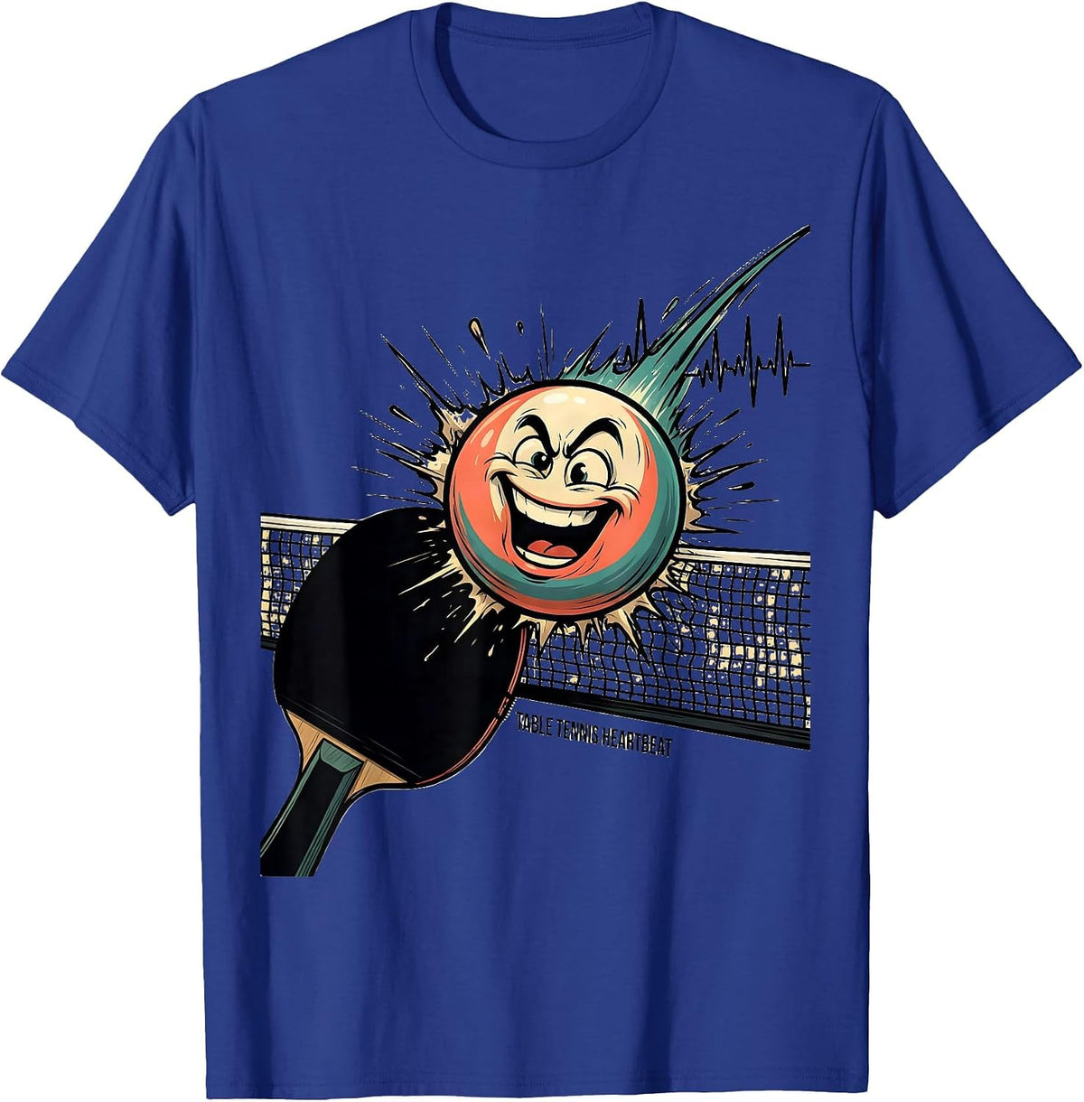 Men's Table Tennis Heartbeat Cartoon Ping Pong Player Humor T-Shirt - Royal Blue