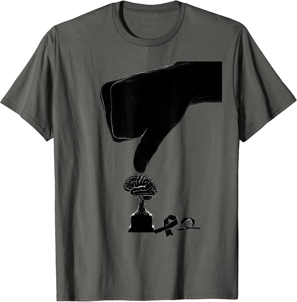 Men's Thumbs Down Brain On Pedestal Parkinson's Defiant Humor T-Shirt - Asphalt Grey