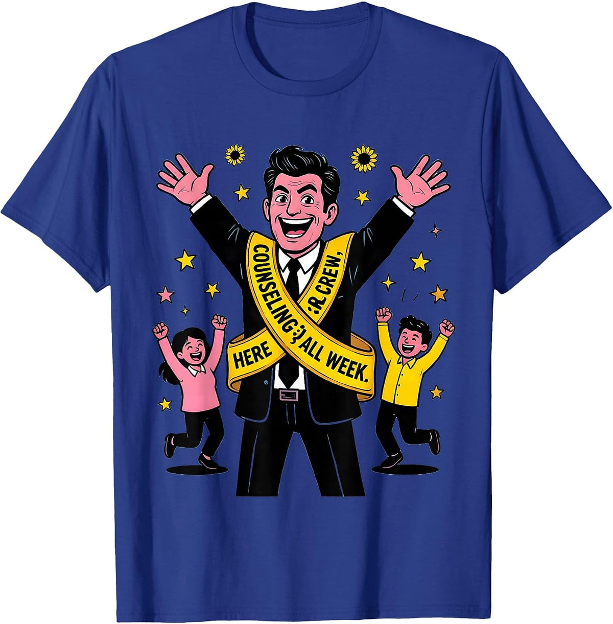 Counseling Crew Here All Week Cartoon School Counselor T-Shirt - Royal Blue