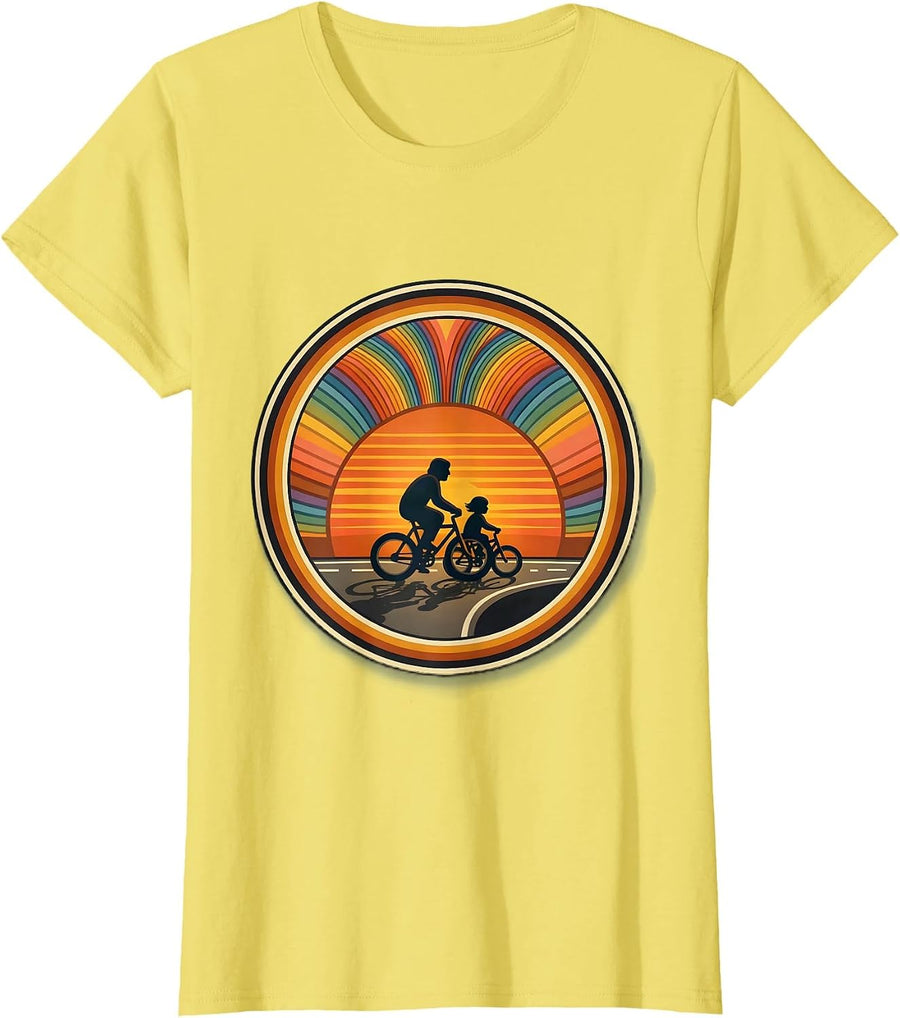 Women's Dad and Son Bicycle Ride Sunset Matching Design T-Shirt - Lemon Yellow