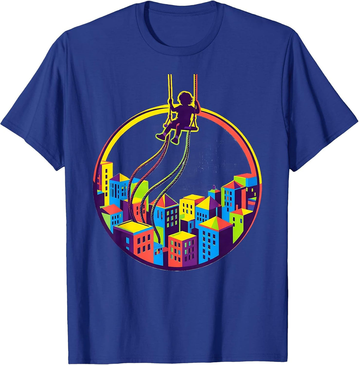 Autism Awareness Child Swinging Over Cityscape T-Shirt - Royal Blue