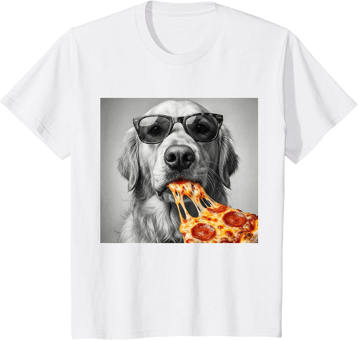 Cool Golden Retriever Eating Pizza Sunglasses Funny Dog T-Shirt - White