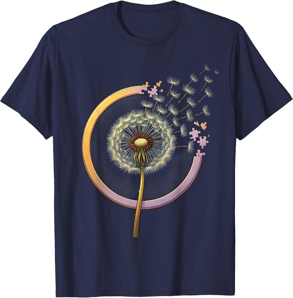 Men's Autism Awareness Dandelion Puzzle Piece Art T-Shirt - Navy Blue