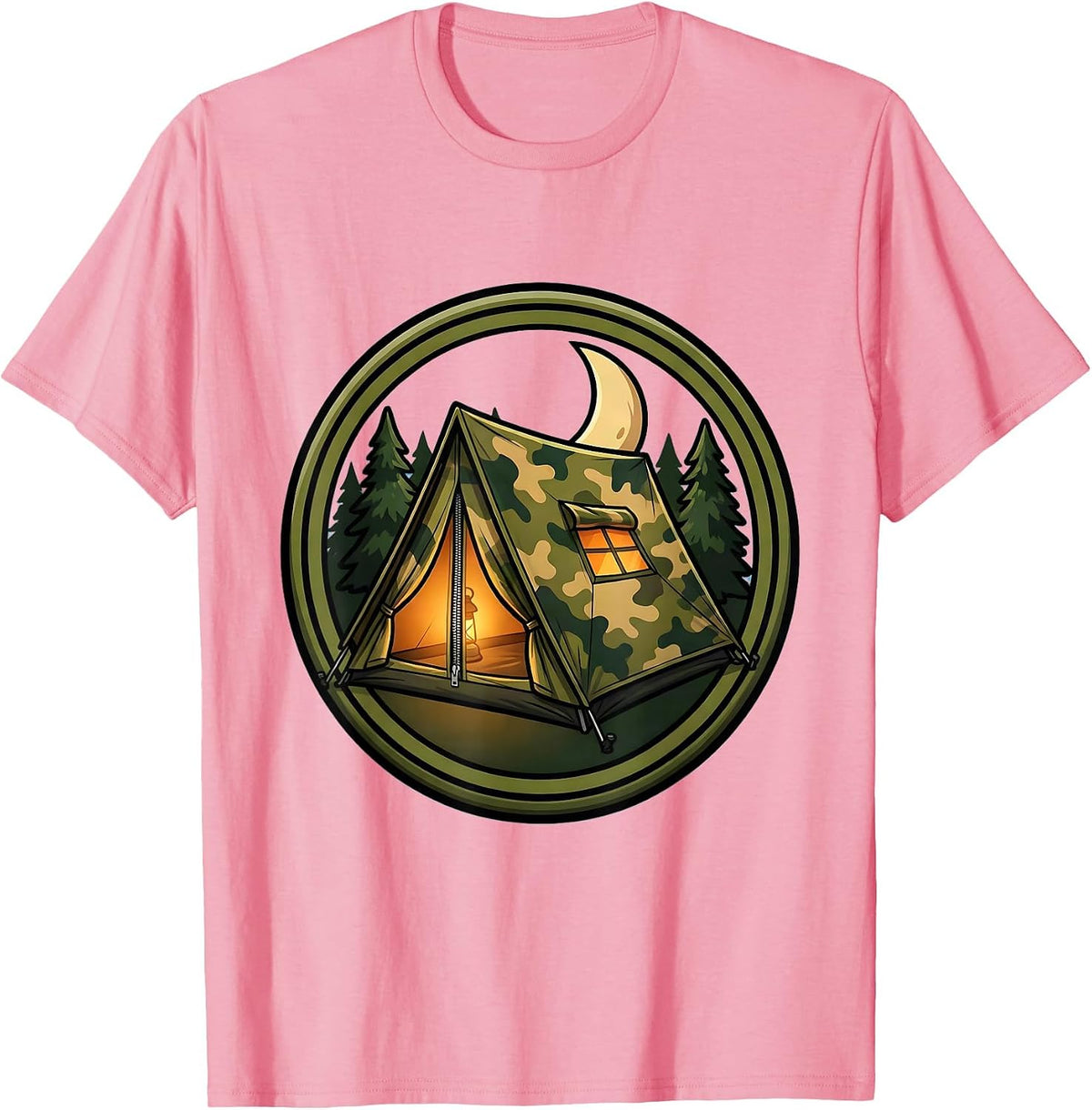 Men's Camo Tent Glowing Lantern Light Camping Graphic T-Shirt - Pink