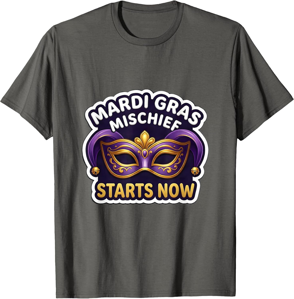 Men's Mardi Gras Mischief Starts Now Jester Mask Carnival Party T-Shirt - Asphalt Grey
