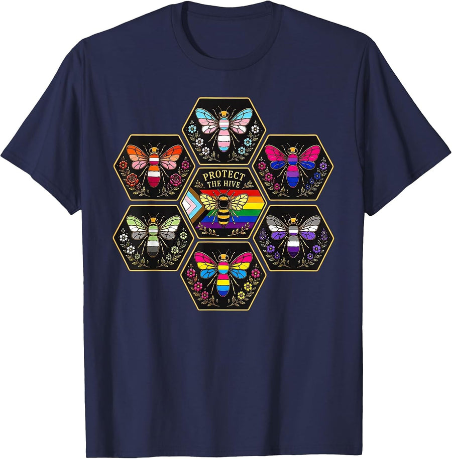 Protect the Hive LGBTQ Bee Bisexual Nature Gay Pride Support T-Shirt - Navy Blue