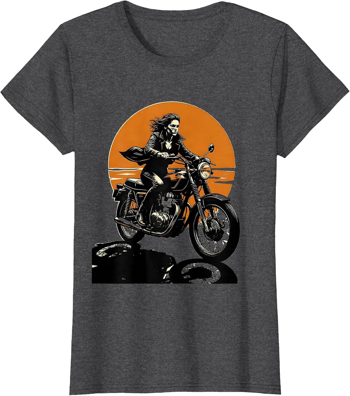 Women's Female Biker Silhouette Sunset Motorcycle Design T-Shirt - Dark Heather Grey