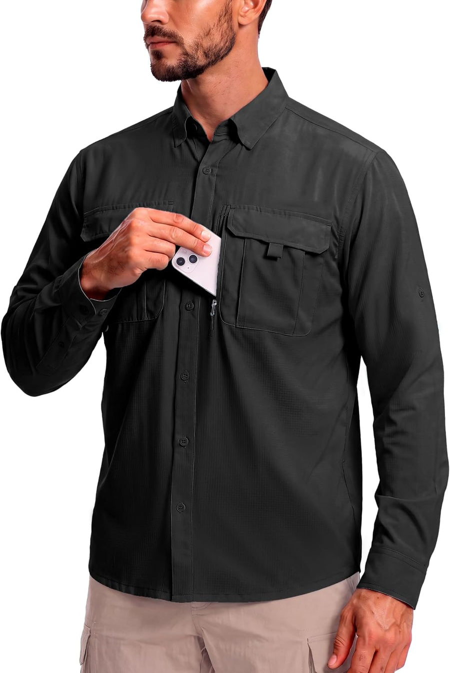 BETBO Men's Long Sleeves Fishing Shirts Button Down Summer Travel Work Shirts with Zipper Pockets - Black