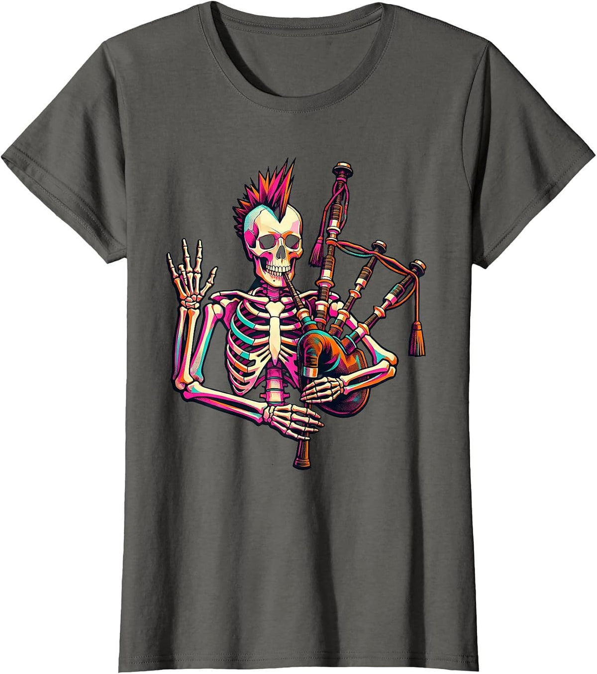 Women's Punk Skeleton Bagpipes Risograph Rock Music Fan T-Shirt - Asphalt Grey