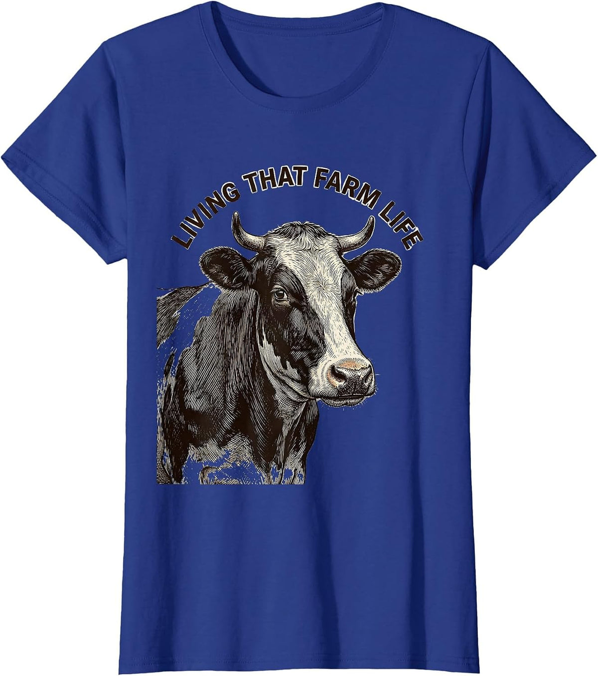 Women's Living That Farm Life Cow Design T-Shirt - Royal Blue